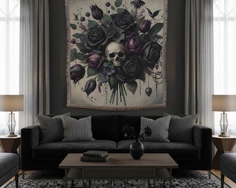 Enchanted Skull Bouquet - Alternative Woven Throw Blanket - Gothic Boho Home Décor, Gothic Comforter, Gothic Throw Blanket, Witchy Throw