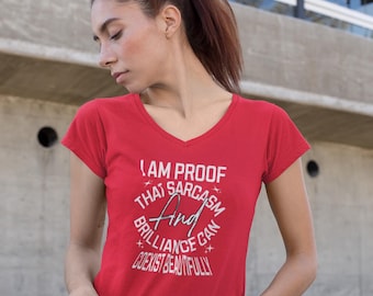 Sarcasm and Brilliance - Unisex Jersey Short Sleeve V-Neck Tee - Gothic Positive Affirmation, Gothic Sports Wear, Inspirational Quote