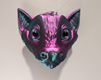 Fruit Bat Head Large Unique Wall Hanging 3D Printed - Dual Color Purple Green Silk PLA Plastic Face Decorative Display