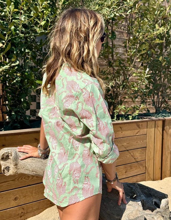 Camicia leggera in cotone organico fatta a mano da artigiani. Tessuto block printed - Tibetan Tiger Mint