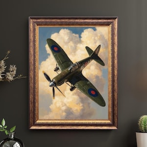 Flying Spitfire Digital Print, Vintage WW2 Plane Wall Art, Flying War Spitfire Painting