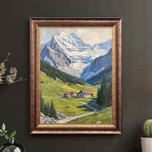 Swiss Landscape Digital Print, Handmade Switzerland Nature Wall Art, Rustic Mountain Landscape Painting