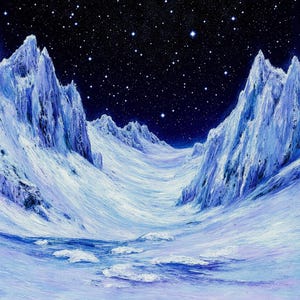 Ice Mountain Range Digital Print, Winter Ice Landscape Painting, Frozen Night Sky Wall Art