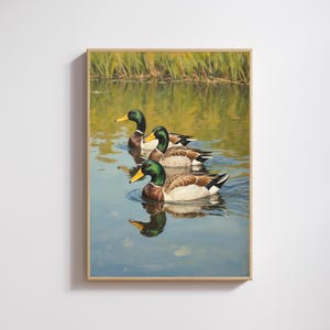 Rustic Duck Pond Digital Print, Nature Duck Painting, Countryside Landscape Wall Art