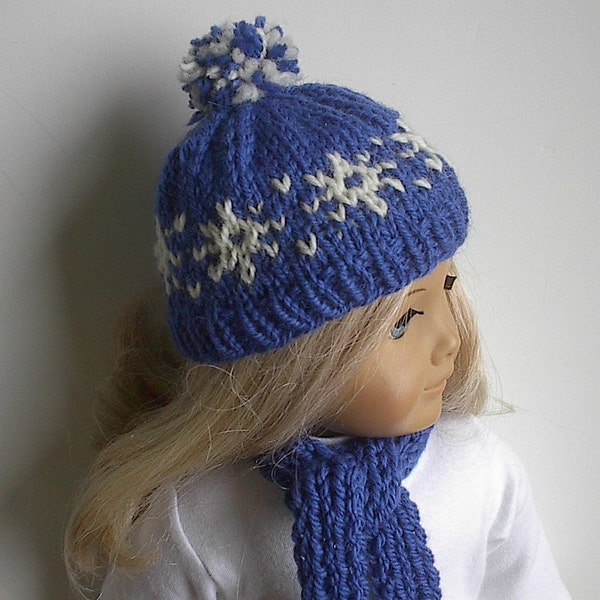 18 Inchl Doll Clothes Hat and Scarf Set in Royal Blue with White Fair Isle Snowflakes Handmade by Lavenderlore to fit the American Girl Doll