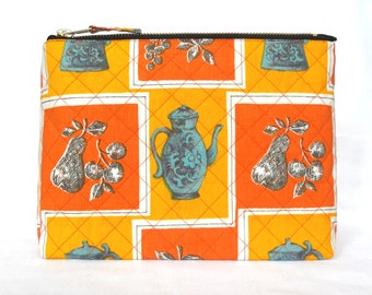 SALE* 1950's Vintage Fabric Print Cotton Wash Bag, Toiletries Bag - Large, Hand Quilted, & Sturdy - Orange + Yellow Kitchenalia