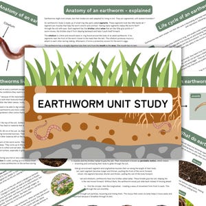 May include: Educational poster titled "Earthworm Unit Study" with illustrations and text explaining earthworm anatomy, life cycle, and habitat. Includes a diagram of an earthworm and its parts.