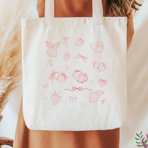 Strawberry Coquette Tote Bag, Farmers Market Reusable Grocery Bag,Fruit Shopping Tote,Eco-Friendly Shoulder Bag,Summer Beach Tote,Red Berry