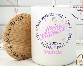 Personalized Retirement Candle Gift, Soy Wax with Engraved Lid