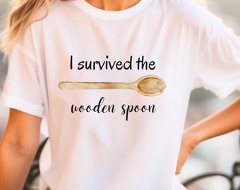 Overleven T-shirt houten lepel, grappig retro T-shirt