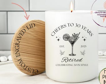 Personalized Retirement Candle Gift, Engraved Bamboo Lid, Soy Wax