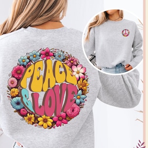 Floral Peace Zeichen Sweatshirt, niedlicher Rundhalspullover, trendige Boho Ästhetik, gemütliche Frühlingskleidung, Vintage Blumengrafik, Floral Peace Love Zeichen