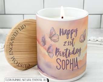 21st Birthday Candle Gift, Custom Engraved Bamboo Lid, Milestone Celebration Personalized Gift, Butterfly Gifts