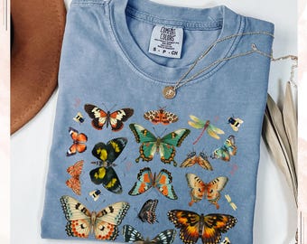 バタフライグラフィックTシャツ、ヴィンテージボヘミアンスタイル、ネイチャーラバーTシャツ