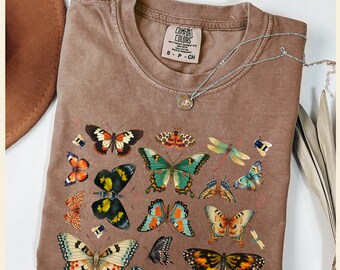バタフライグラフィックTシャツ、ヴィンテージボヘミアンスタイル、ネイチャーラバーTシャツ