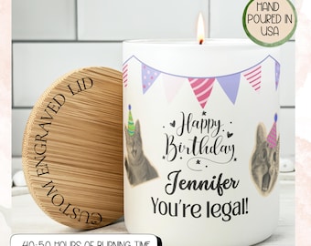 21st Birthday Funny Cat Candle Gift, Custom Engraved Bamboo Lid,Milestone Celebration Personalized Gift, Cat Themed 21st Gift
