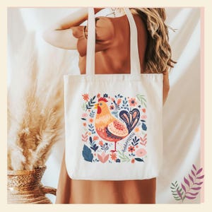 Sac fourre-tout floral au poulet, cadeau pour amateur de poulet, sac à provisions zen avec poulet à la ferme, fleurs rustiques, tout en toile, sac à bandoulière country chic