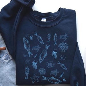 Nautical Sweatshirt, Sardine Maritime Sleeve Print, Ocean Lover Jumper, Sea Theme Top, Coastal Crewneck, Beach Vacation Pullover, Fisherman