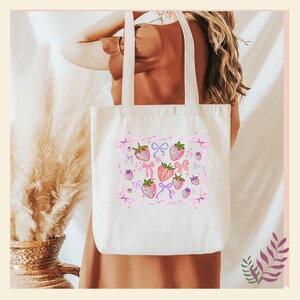 Strawberry Tote Bag, Farmers Market Reusable Grocery Bag, Fruit Print Shopping Tote, Eco-Friendly Shoulder Bag, Summer Beach Tote,Red Berry