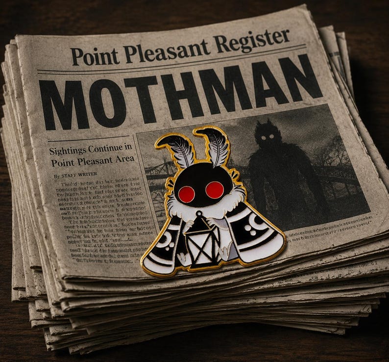 May include: A Mothman enamel pin with a gold outline, black body, red eyes, and white accents, on a stack of newspapers. The newspaper headline reads "MOTHMAN" and "Point Pleasant Register."