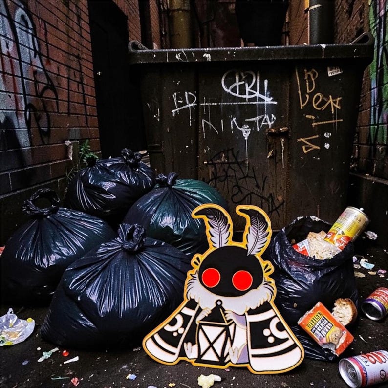 May include: A black and white moth pin with red eyes and a lantern design. The pin is set against a backdrop of black bin bags, a dumpster, and graffiti-covered brick walls, creating a unique contrast.