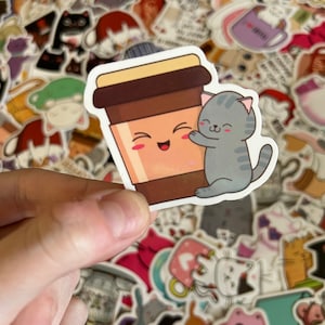 Sticker chat tasse à café - Sticker chat mignon - Stickers imperméables durables - Sticker vinyle kawaii - Ensemble d'autocollants rigolos - Stickers Latte mignons