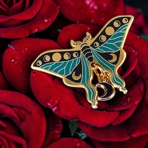 Dainty Interstellar Moth Enamel Pin: Cresecent Moon Charm Lapel Accessory