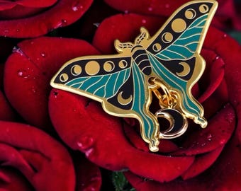 Dainty Interstellar Moth Enamel Pin: Cresecent Moon Charm Lapel Accessory