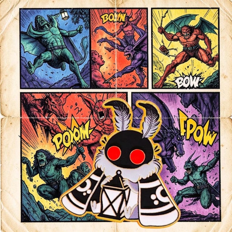May include: An enamel pin in the style of a comic book, depicting a black moth with red eyes, a white and black pattern, and a gold outline. The pin is set against a backdrop of comic book panels with action scenes and sound effects.