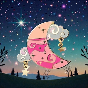 May include: Enamel pin depicting a pink and peach crescent moon with a grey cloud and a dangling gold star. The moon has a starry design against a starry night sky background.