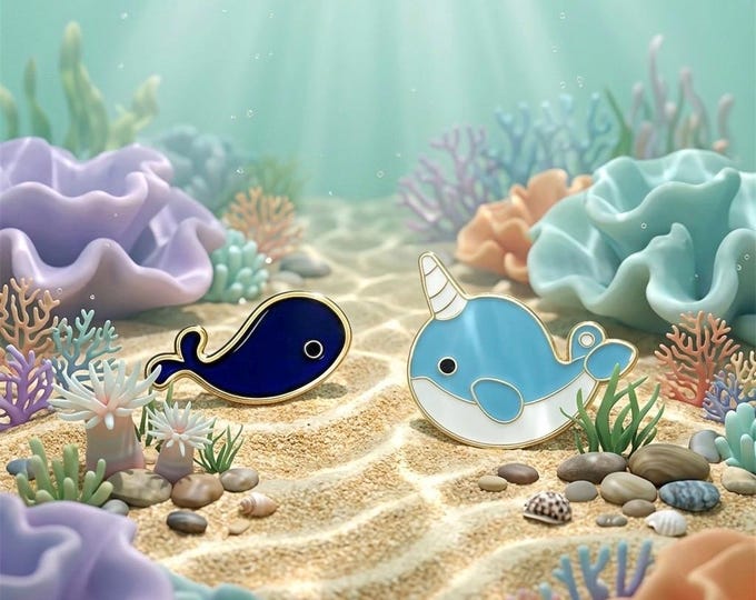 Combo Marine Creatures Enamel Pins: Narwhal and Mini Whale Lapel Accessories