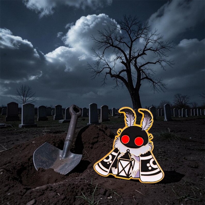 May include: An enamel pin depicting a cartoon moth holding a lantern, set in a graveyard with a shovel and a bare tree. The moth is black with red eyes and white details, outlined in yellow, evoking a gothic theme.