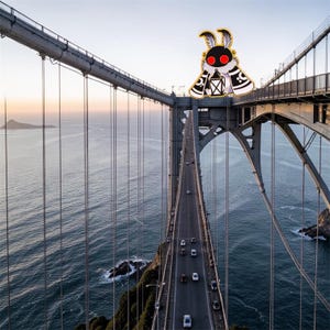 May include: An image of the Golden Gate Bridge with a cartoon moth-like creature on top. The creature has red eyes, a black body, and white accents. The bridge spans across the blue sea, with cars driving on the road.