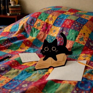 Peut inclure: Une décoration en forme de chat noir avec de grands yeux ronds est posée sur un livre ouvert. Le chat et le livre sont placés sur une courtepointe colorée avec des carrés rouges, bleus, verts et jaunes.