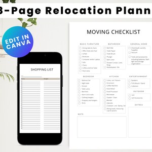 May include: A printable 48-page relocation planner with a checklist for moving, a shopping list, and a note section. The checklist includes categories for basic furniture, bathroom, general home, kitchen, entertainment, outdoor, and extras. The planner is designed to be edited in Canva.