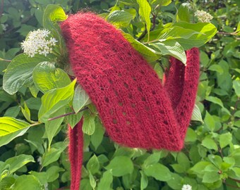 Sophie Scarf, Schal, Tuch, gestrickt, Lochmuster, weinrot, Merino, Mohair, Seide, leicht, weich