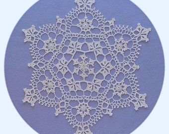 May include: A white crocheted snowflake doily on a light purple background.