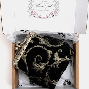 Handsewn Carpet Coin Purse-Vintage Double Kiss Lock Wallet-Ball Snap Clasp Pouch -Vintage Scroll Black/Green