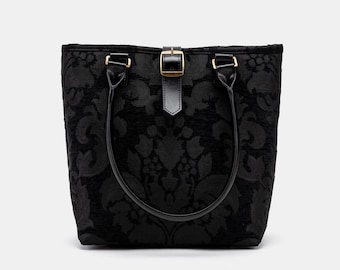 Handsewn Carpet Tote Bag-Everyday Carry Bag-Shoulder Bag- Carpet Victorian Blossom Black/Black