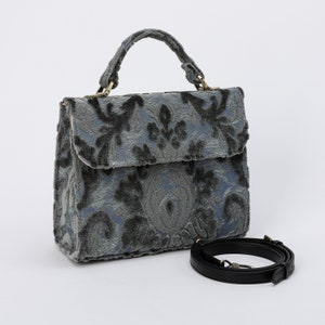 Handcrafted Carpetbag-Top Handle Bag-Satchel with front Flap-Shoulder Bag-Burnout Velvet Steel Blue with strap