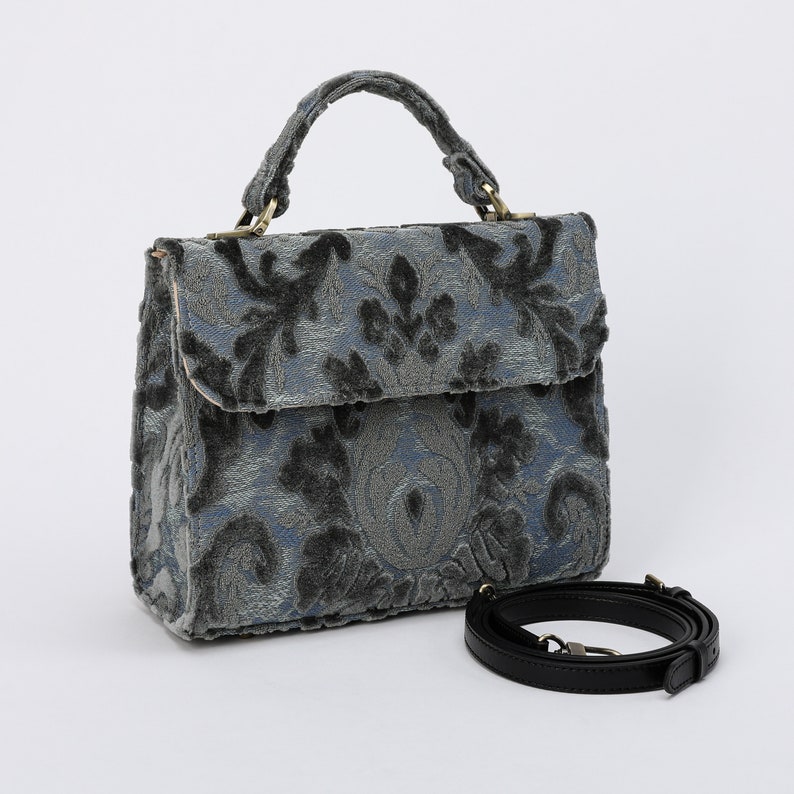 Handcrafted Carpetbag-Top Handle Bag-Satchel with front Flap-Shoulder Bag-Burnout Velvet Steel Blue with strap
