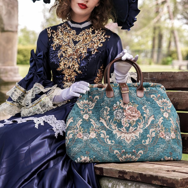 Handcrafted Mary Poppins Bag-Carpet Weekender-Carpet Travel Bag-Duffel Bag-Floral Teal