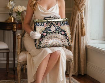 Gladstone Bag-Carpet Doctor Bag-Victorian Weekender Bag-Shoulder Frame Bag-Celine Oriental Navy