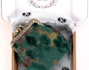 Handsewn Carpet Coin Purse-Vintage Double Kiss Lock Wallet-Ball Snap Clasp Pouch Bag-Gift for Her-Ready to Gift-Bag-Velvet Jade Green