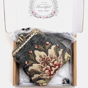 Handgenähter Teppich Geldbörse-Vintage Doppel Kuss Lock Brieftasche-Ball Snap Verschluss Beutel Tasche-Geschenk für Sie-Bereit zum Geschenk-Bouquet Floral Grün Grau