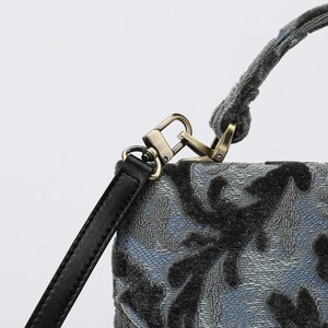Handcrafted Carpetbag-Top Handle Bag-Satchel with front Flap-Shoulder Bag-Burnout Velvet Steel Blue detail