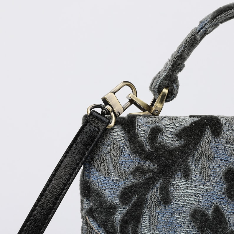 Handcrafted Carpetbag-Top Handle Bag-Satchel with front Flap-Shoulder Bag-Burnout Velvet Steel Blue detail