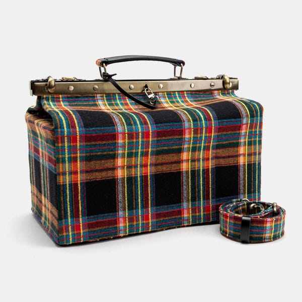 Gladstone Bag-Carpet Doctor Bag-Victorian Weekender Bag-Shoulder Frame Bag-Genevieve Tartan Stewart Black