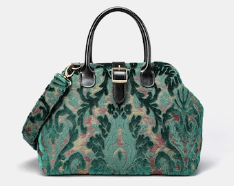 Ręcznie szyta torebka dywanowa – Mary Poppins Carpet Bag – torba na ramię do noszenia na co dzień – aksamit wypalany w kolorze jadeitu