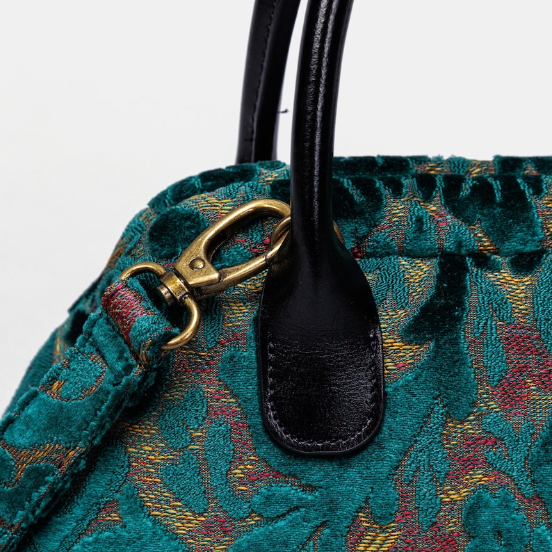 Carpet Satchel-Mary Poppins Carpet Bag-Everyday Carry Crossbody Bag-Burnout Velvet Jade Green detail
